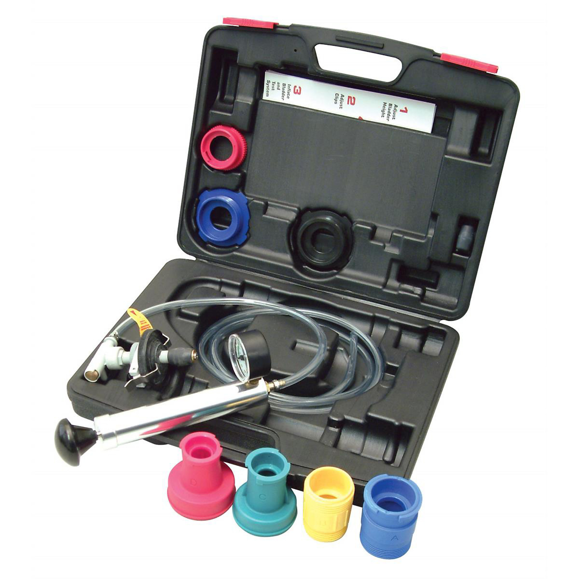 Private Brand Tools Deluxe Cooling System Pressure Tester — Universal Attachment, Radiator Cap Test Adapters, Model# PBT70888
